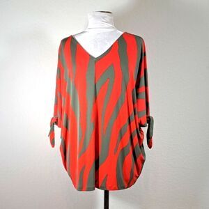 Chico’s Women's Top Size XL Stylish Red Green Zebra Stripe Print V-Neck Boxy
